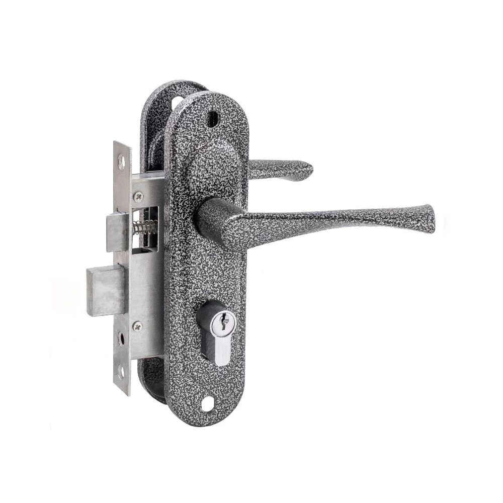 Фото Замок врезной цилиндровый с защёлкой в комплекте с ручкой ЗВ4-50.01 (серебро), 5 кл.